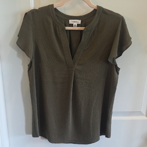 CALVIN‎ KLEIN Army Green Flutter Sleeve Top Size Medium - Picture 1 of 5
